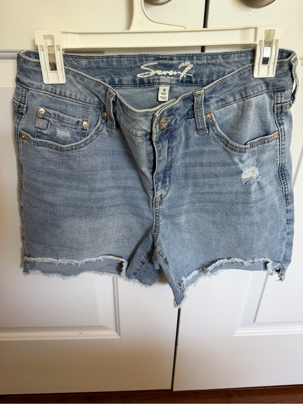Seven7 Light Wash Frayed Hem Denim Shorts
